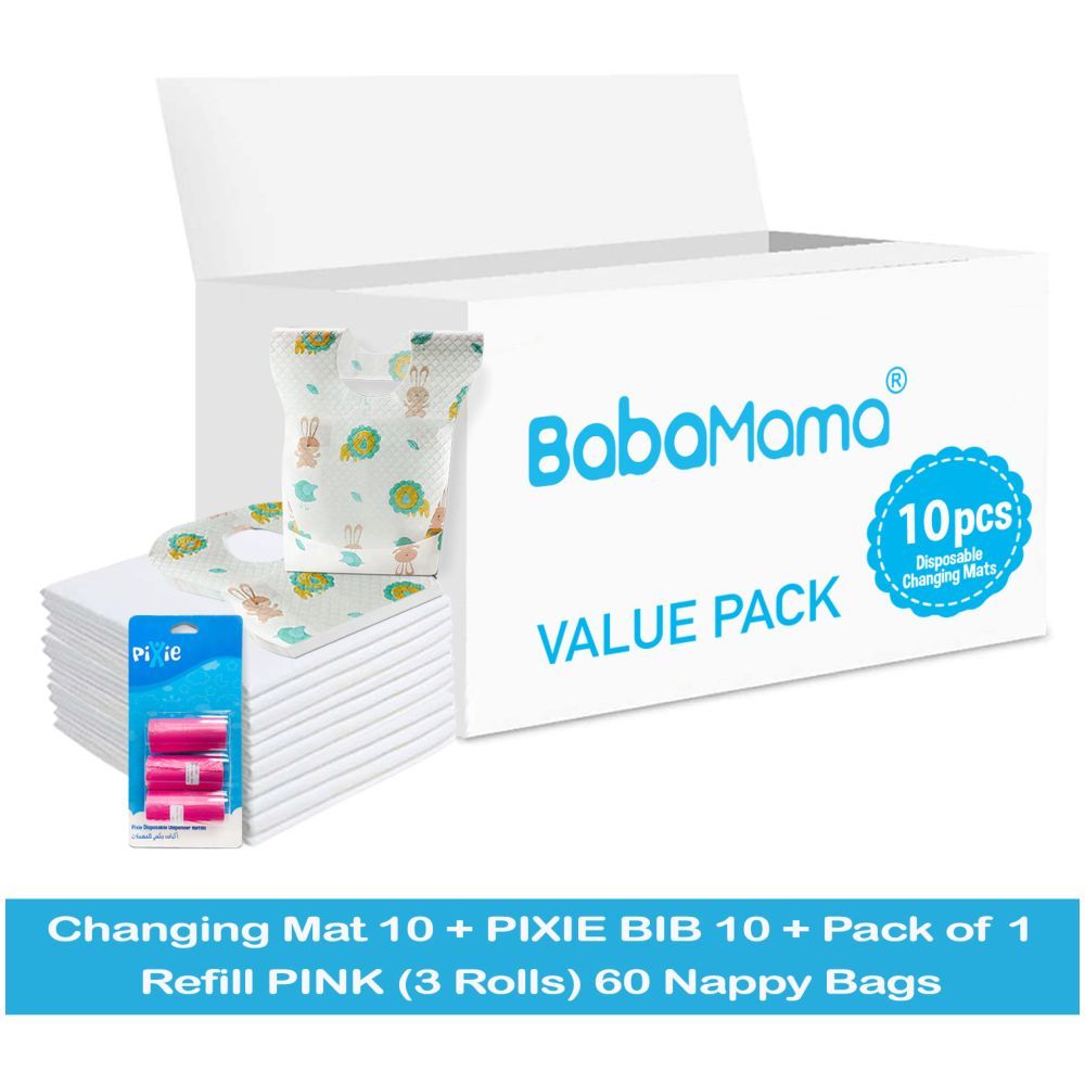 Babamama - Changing Mats 10 + Pixie - Bib 10 + Pack Of 1 Refill Pink 60 Nappy Bags 