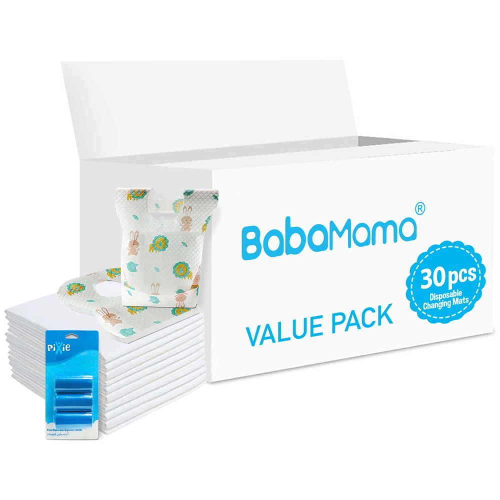 Babamama - Changing Mats 30 + Pixie - Bib 30 + Pack Of 1 Refill Blue 60 Nappy Bags 