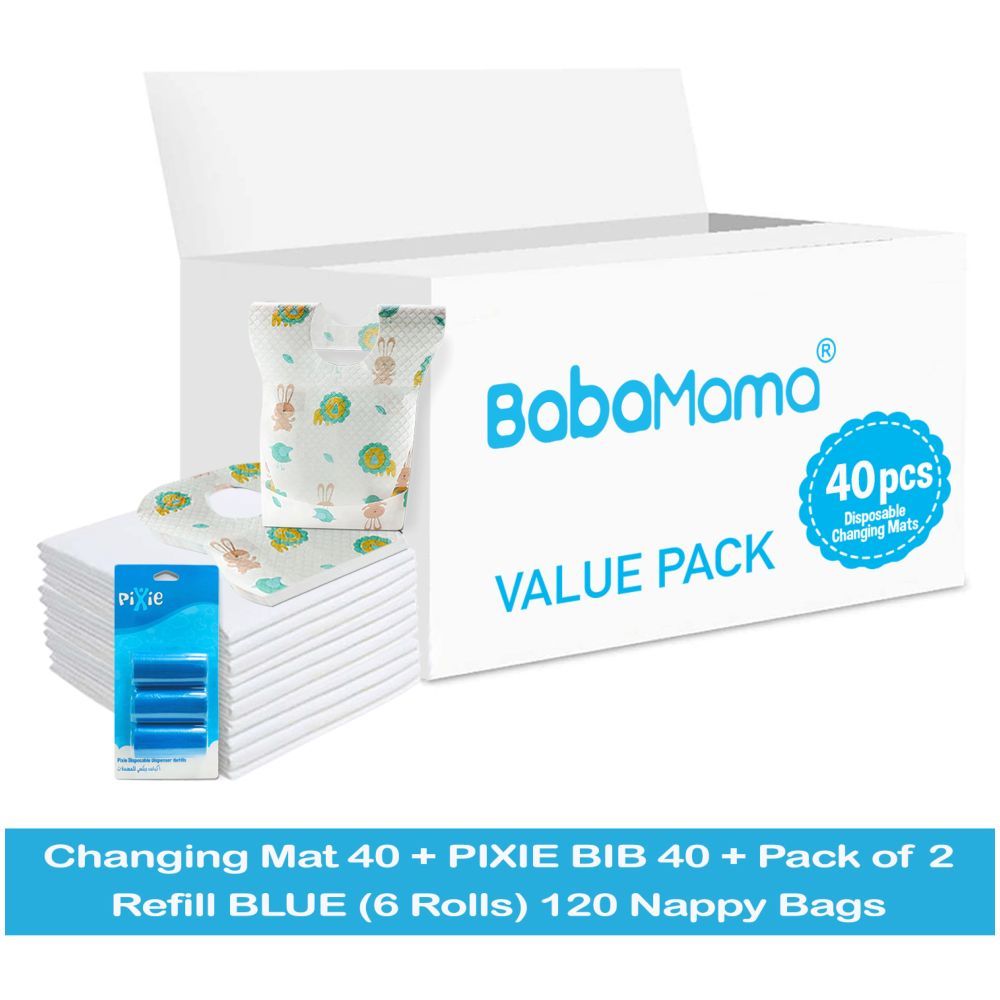 Babamama - Changing Mats 40 + Pixie - Bib 40 + Pack Of 2 Refill Blue 120 Nappy Bags 