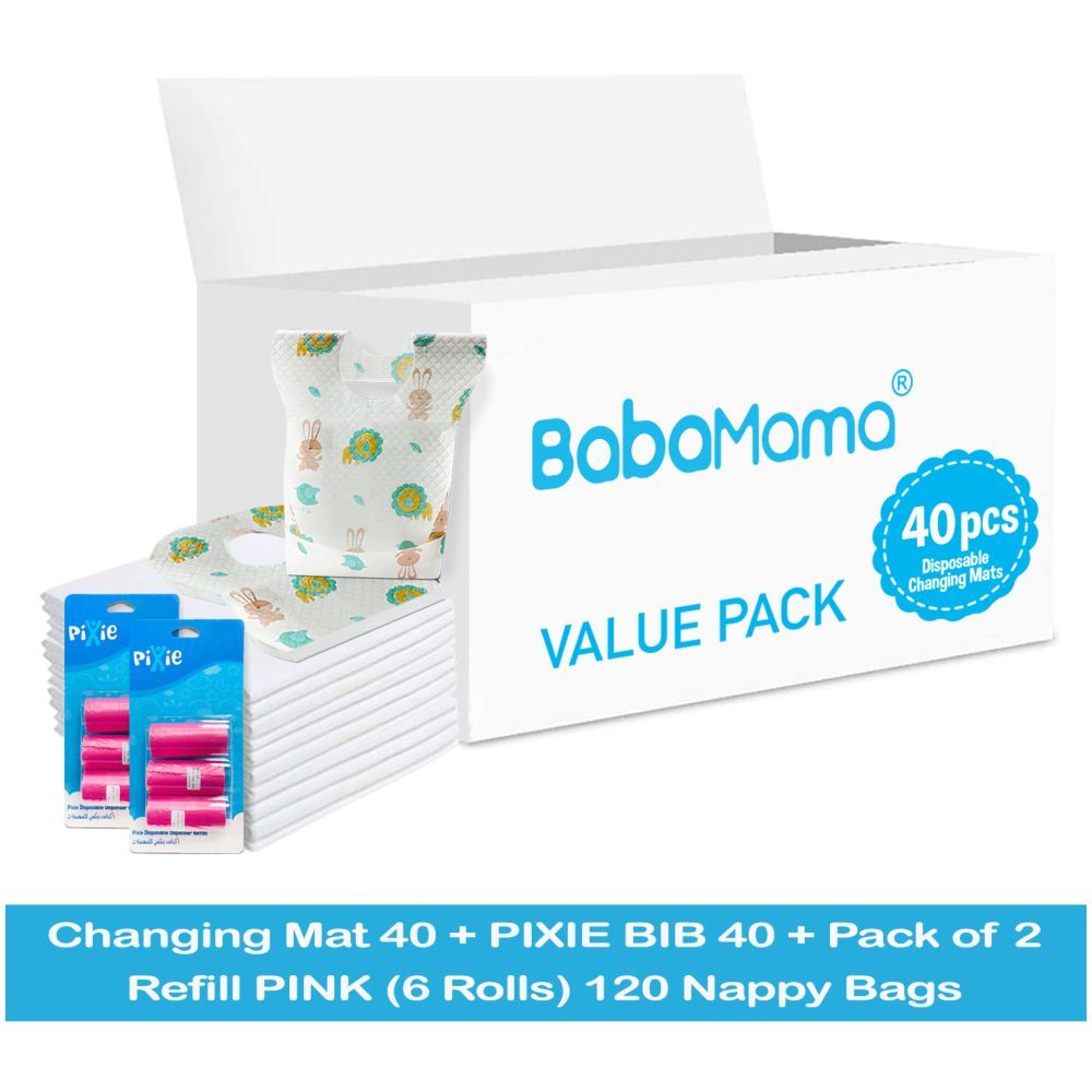 Babamama - Changing Mats 40 + Pixie - Bib 40 + Pack Of 2 Refill Pink 120 Nappy Bags 