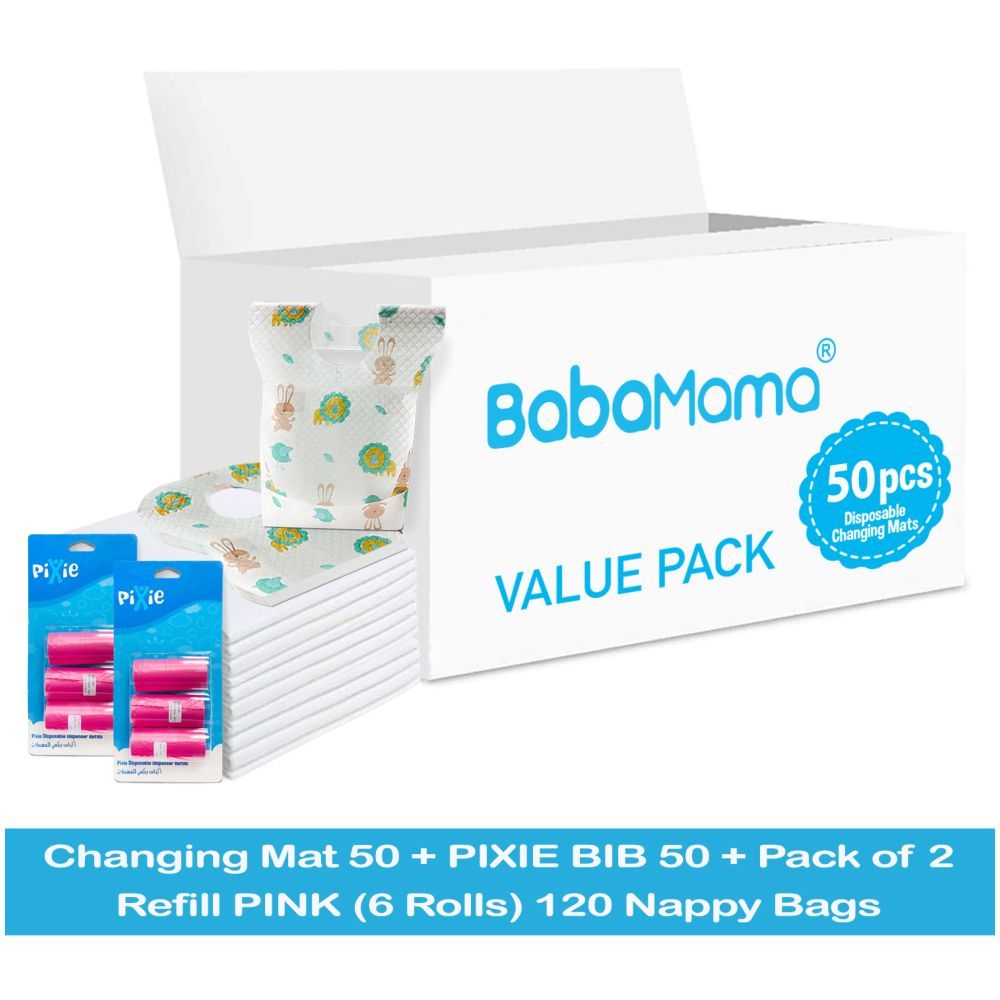 Babamama - Changing Mats 50 + Pixie - Bib 50 + Pack Of 2 Refill Pink 120 Nappy Bags 