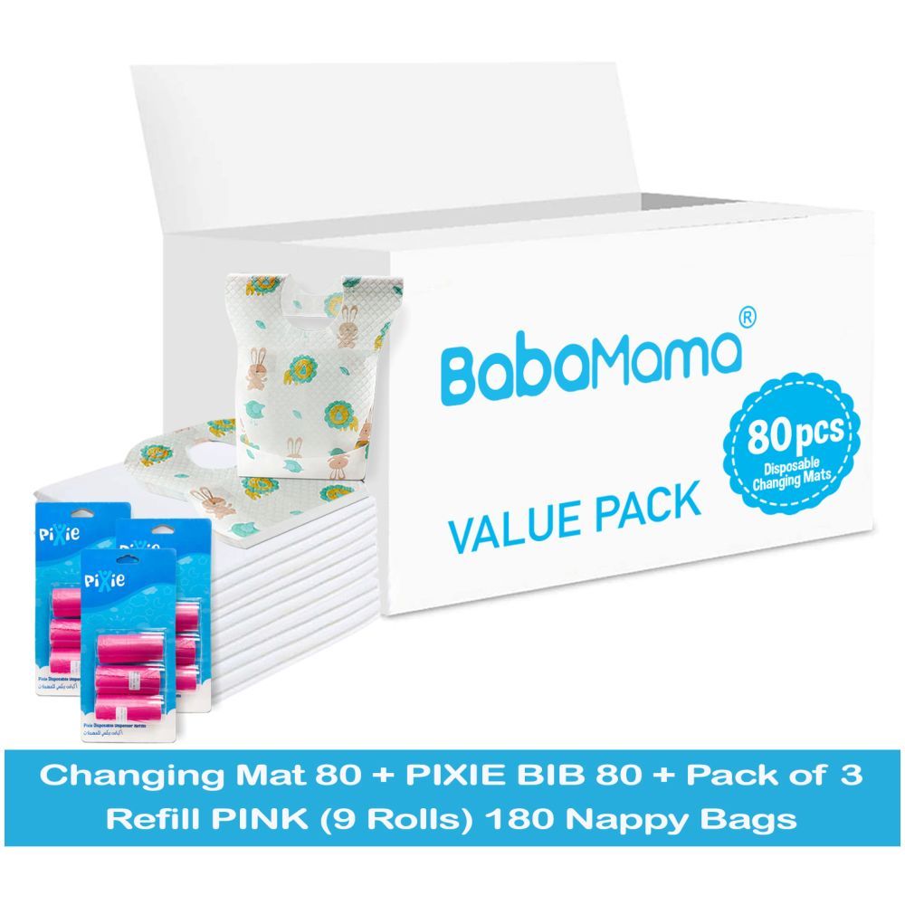 Babamama - Changing Mats 80 + Pixie - Bib 80 + Pack Of 3 Refill Pink 180 Nappy Bags 