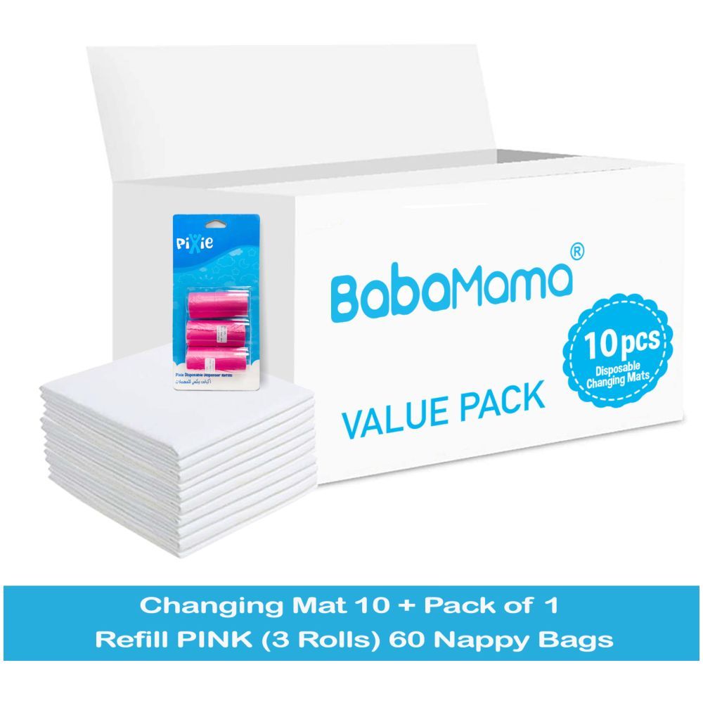 Babamama - Changing Mats 10 + Pack Of 1Refill Pink 60 Nappy Bags