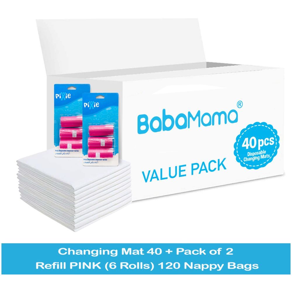 Babamama - Changing Mats 40 + Pack Of 2 Refill Pink 120 Nappy Bags