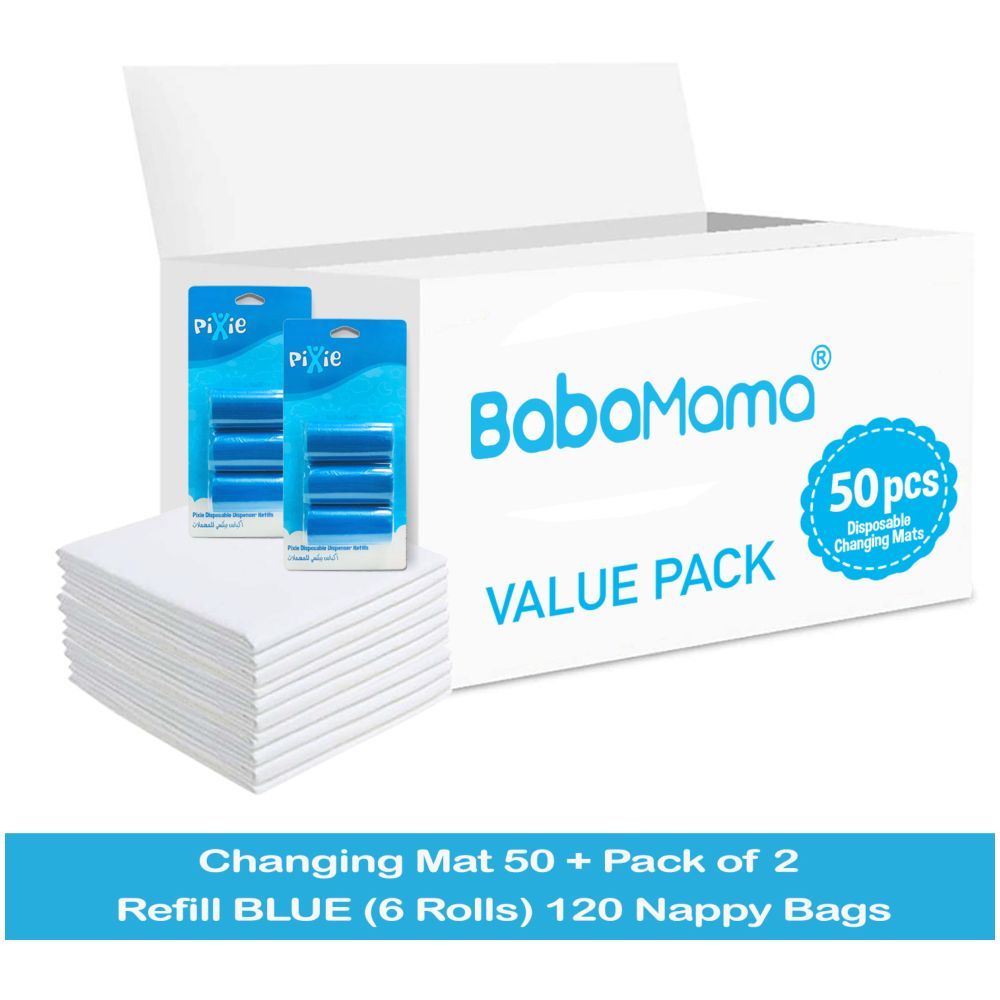 Babamama - Changing Mats 50 + Pack Of 2 Refill Blue 120 Nappy Bags