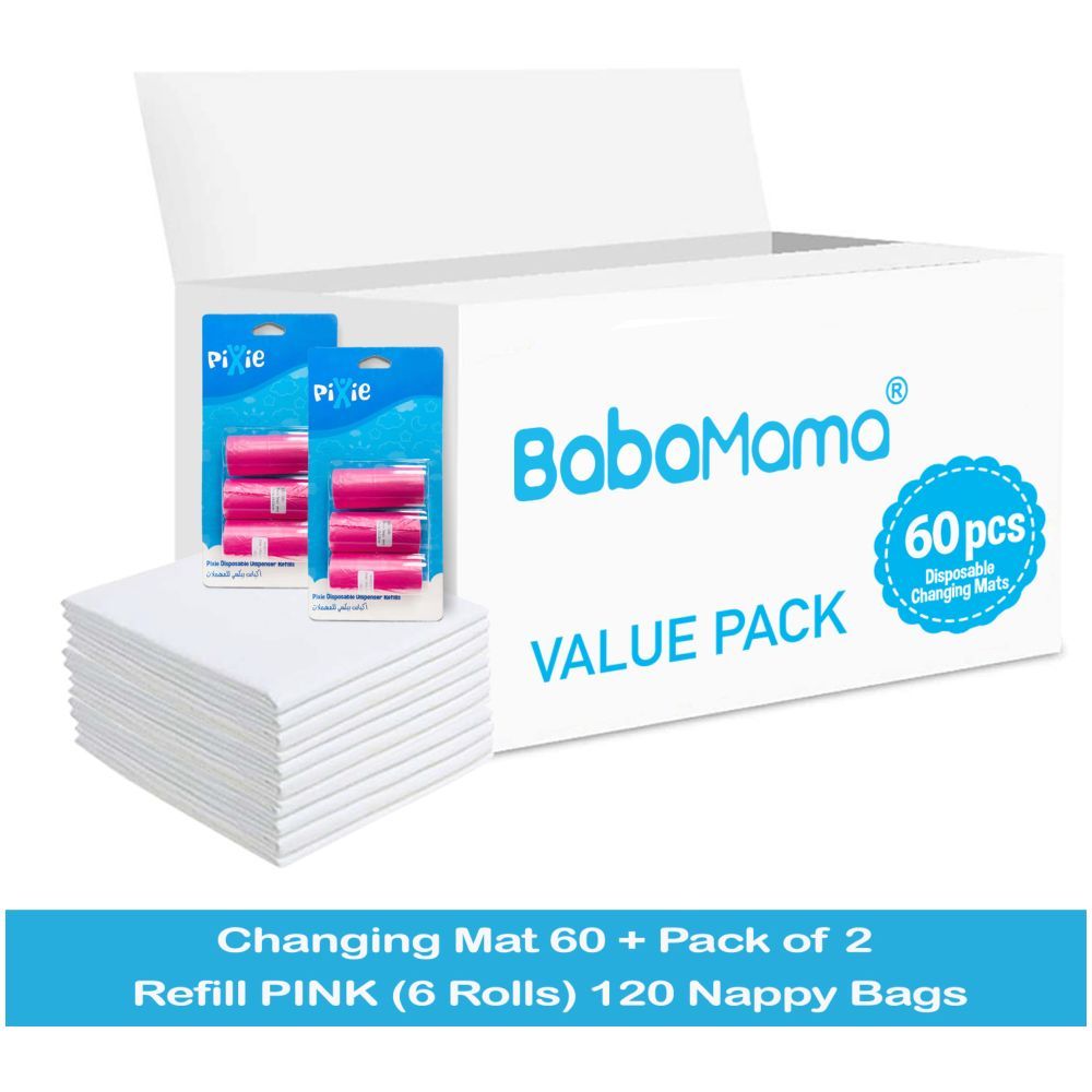 Babamama - Changing Mats 60 + Pack Of 2 Refill Pink 120 Nappy Bags