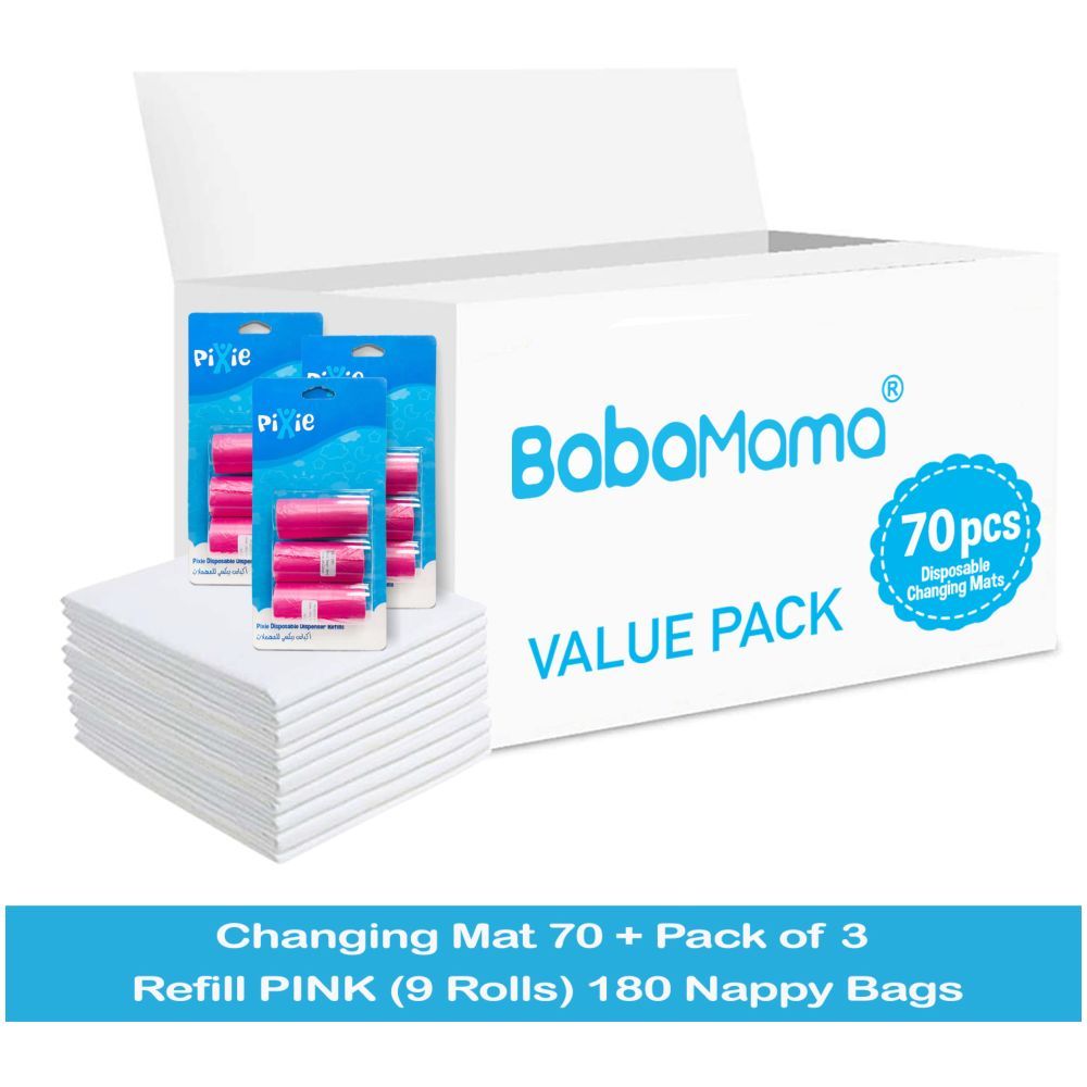 Babamama - Changing Mats 70 + Pack Of 3 Refill Pink 180 Nappy Bags