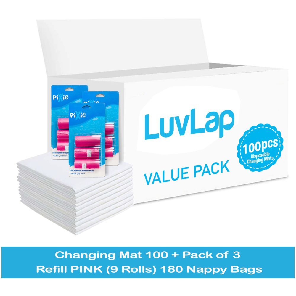 Luvlap - Changing Mats 100 + Pack Of 3 Refill Pink 180 Nappy Bags