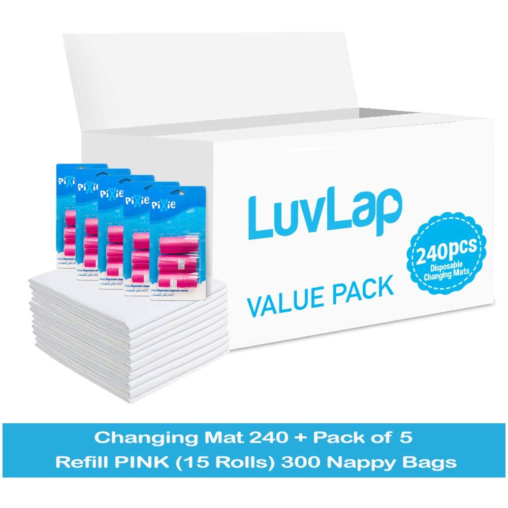 Luvlap - Changing Mats 240 + Pack Of 5 Refill Pink 300 Nappy Bags