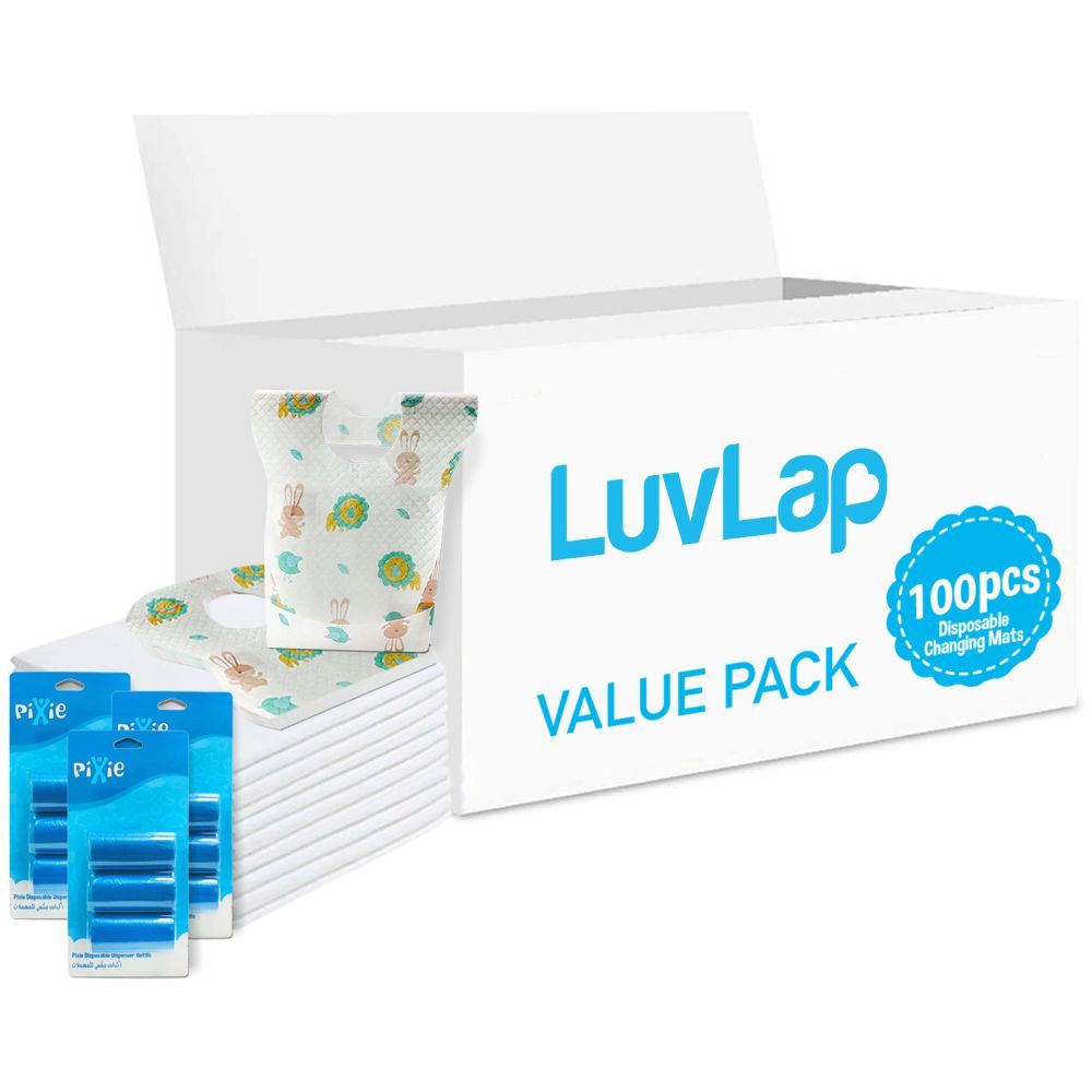 Luvlap - Changing Mats 100 + Pixie - Bib 100 + Pack Of 3 Refill Blue 180 Nappy Bags 