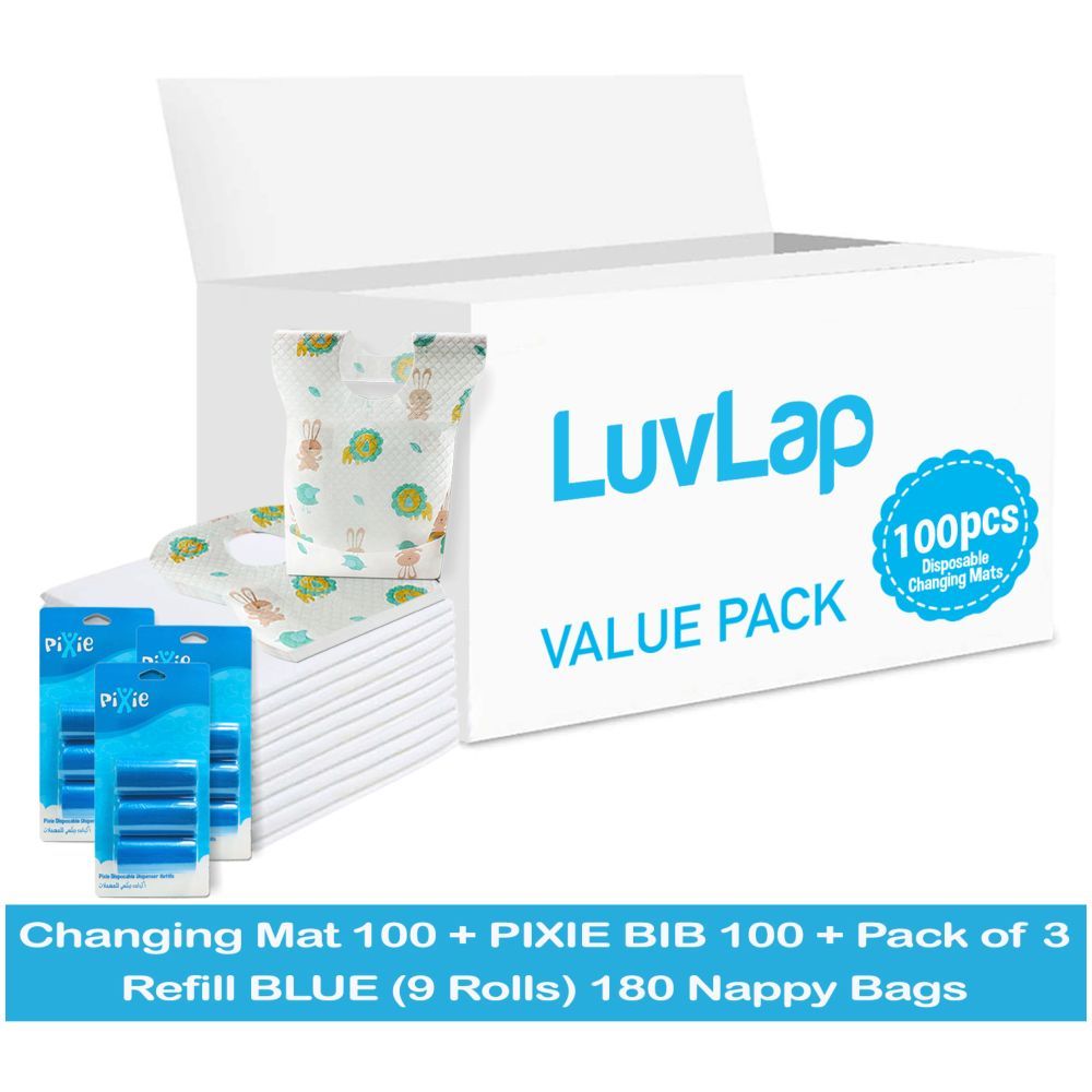 Luvlap - Changing Mats 100 + Pixie - Bib 100 + Pack Of 3 Refill Blue 180 Nappy Bags 