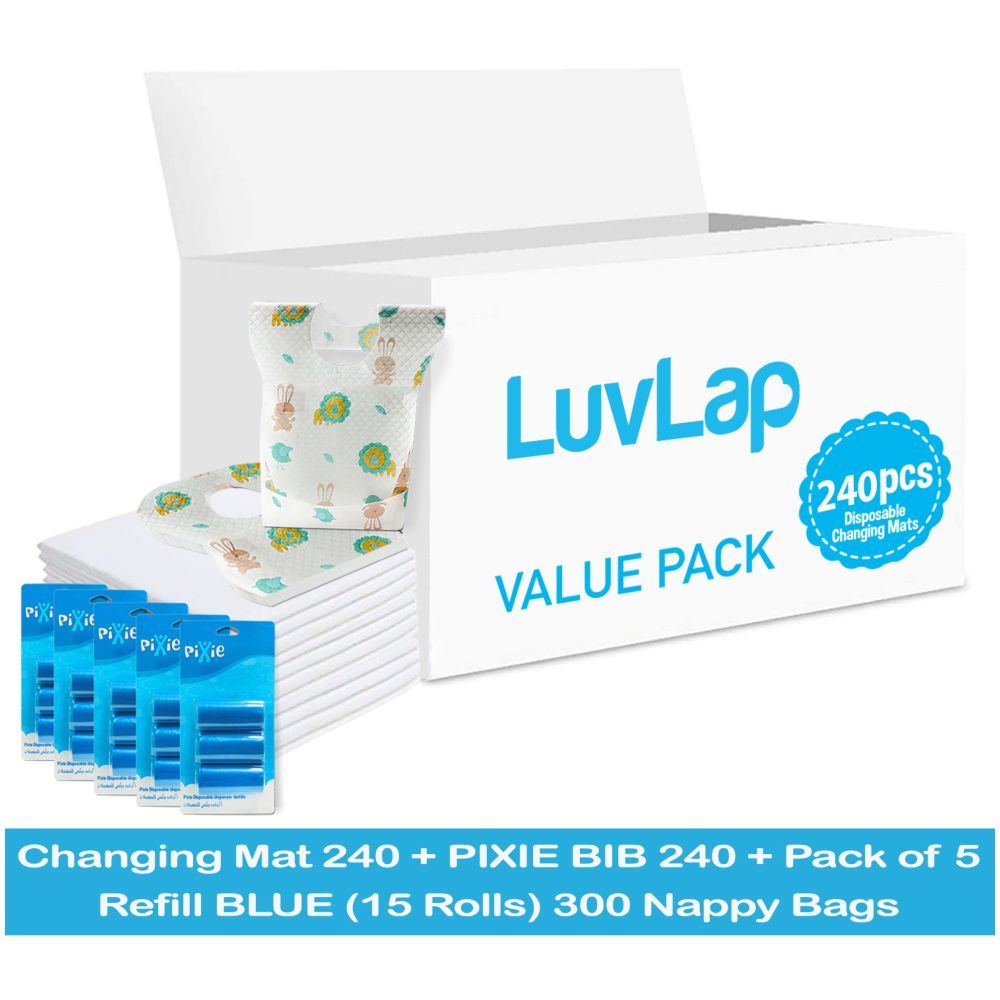 Luvlap - Changing Mats 240 + Pixie - Bib 240 + Pack Of 5 Refill Blue 300 Nappy Bags 