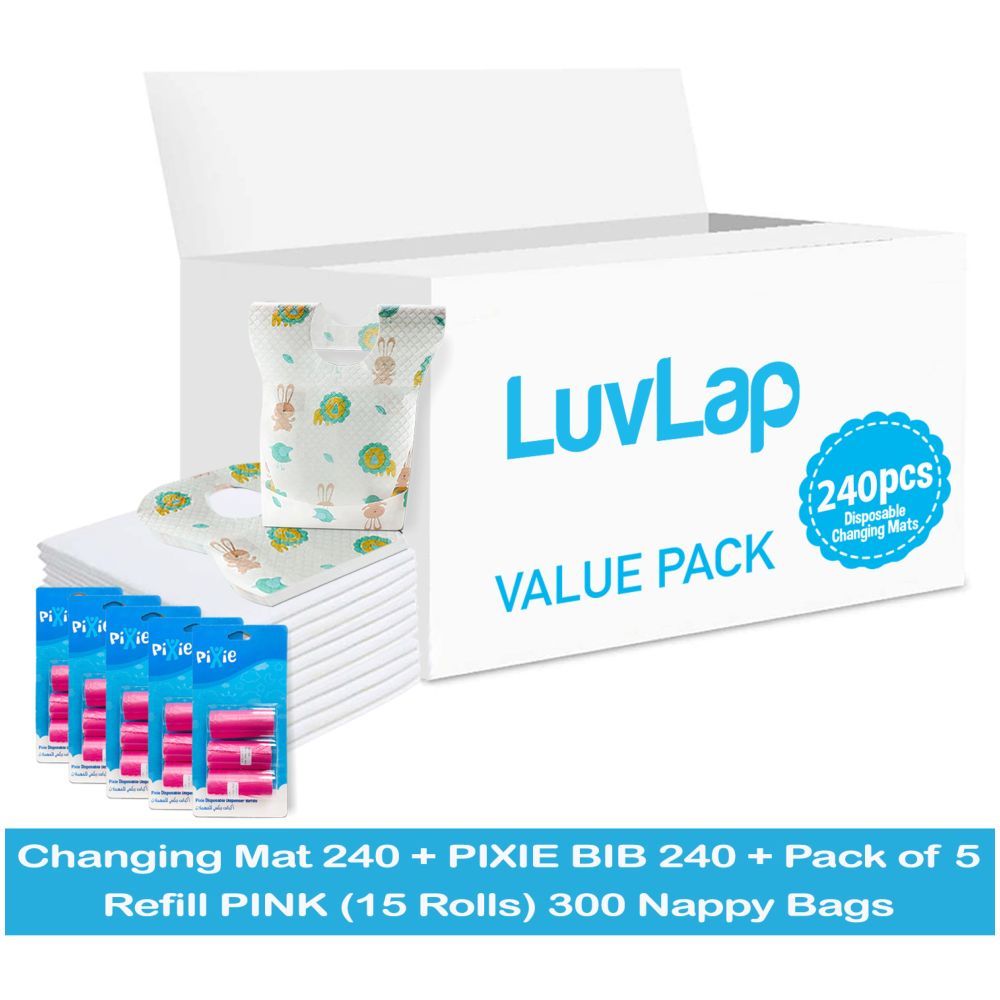 Luvlap - Changing Mats 240 + Pixie - Bib 240 + Pack Of 5 Refill Pink 300 Nappy Bags 