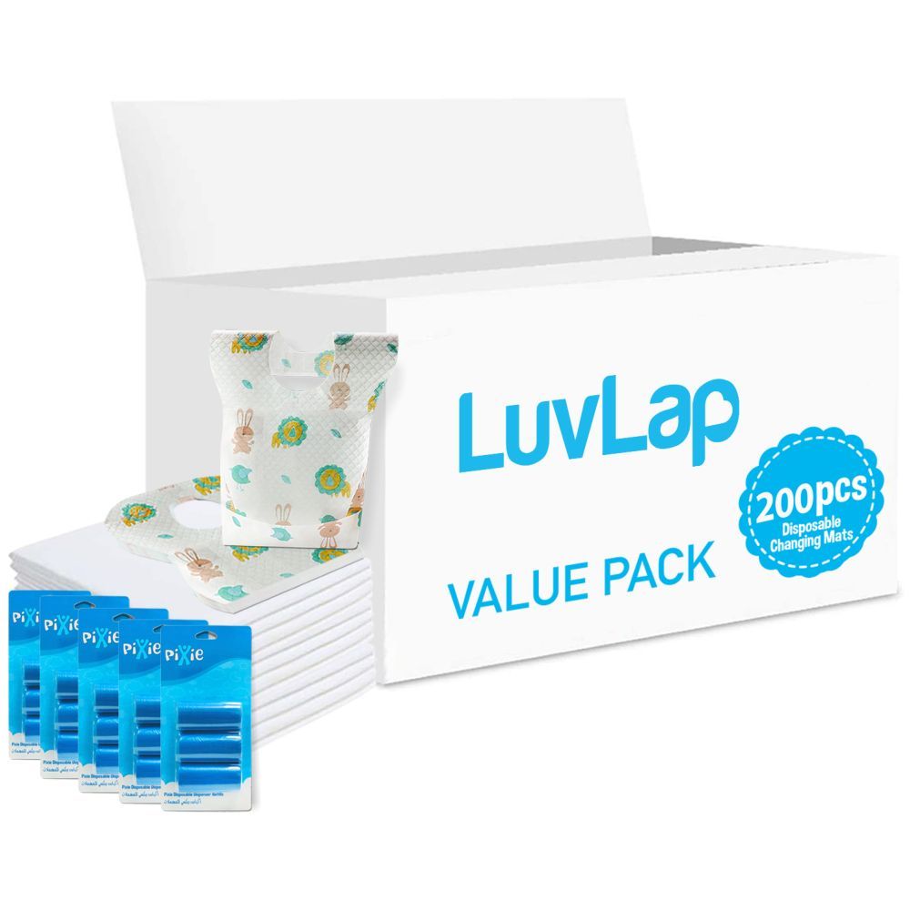 Luvlap - Changing Mats 200 + Pixie - Bib 200 + Pack Of 5 Refill Blue 300 Nappy Bags 