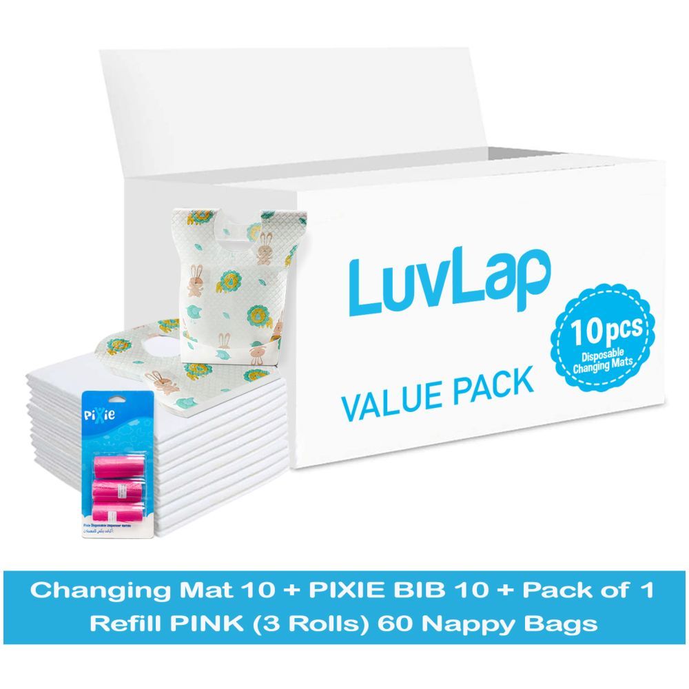 Luvlap - Changing Mats 10 + Pixie - Bib 10 + Pack Of 1 Refill Pink 60 Nappy Bags