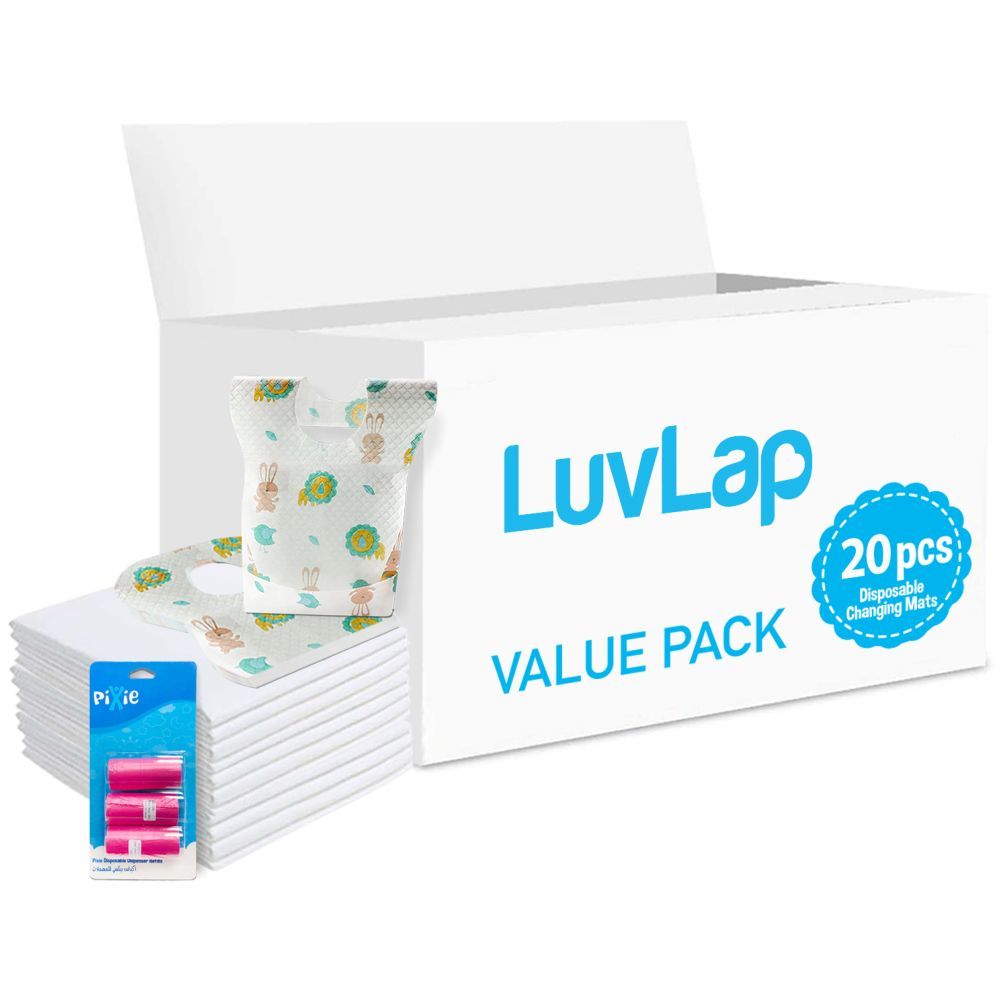 Luvlap - Changing Mats 20 + Pixie - Bib 20 + Pack Of 1 Refill Pink 60 Nappy Bags 