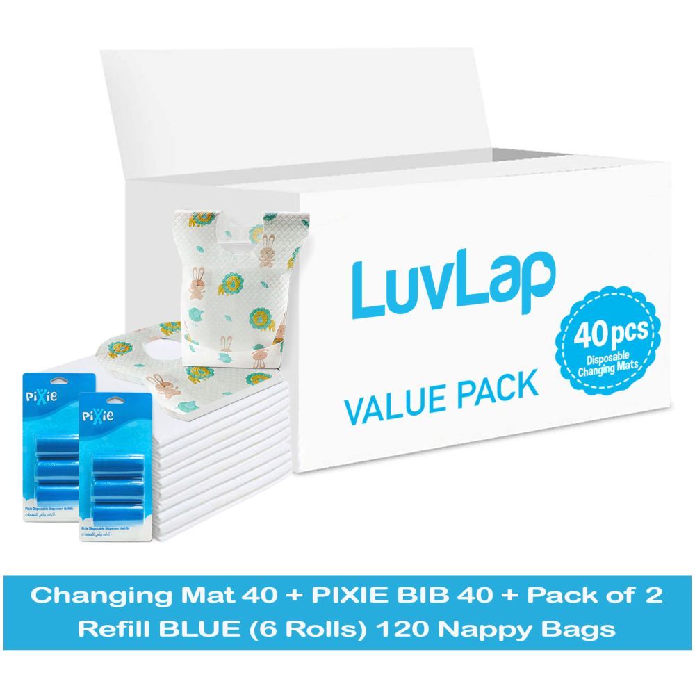 Luvlap - Changing Mats 40 + Pixie - Bib 40 + Pack Of 2 Refill Blue 120 Nappy Bags 