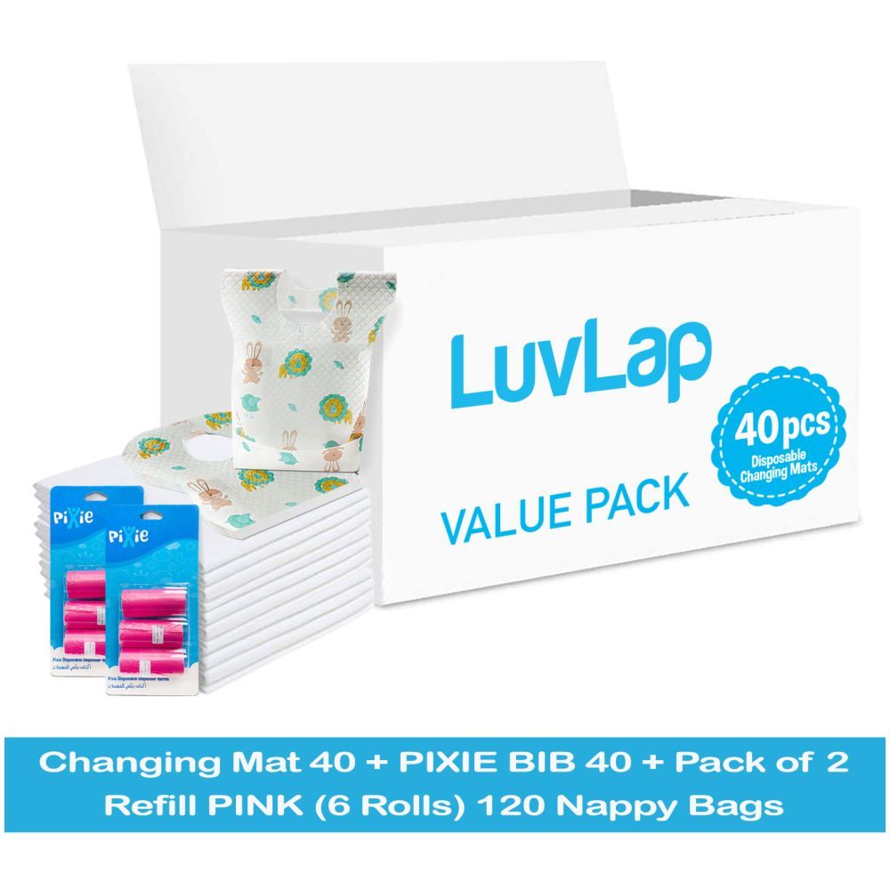 Luvlap - Changing Mats 40 + Pixie - Bib 40 + Pack Of 2 Refill Pink 120 Nappy Bags 