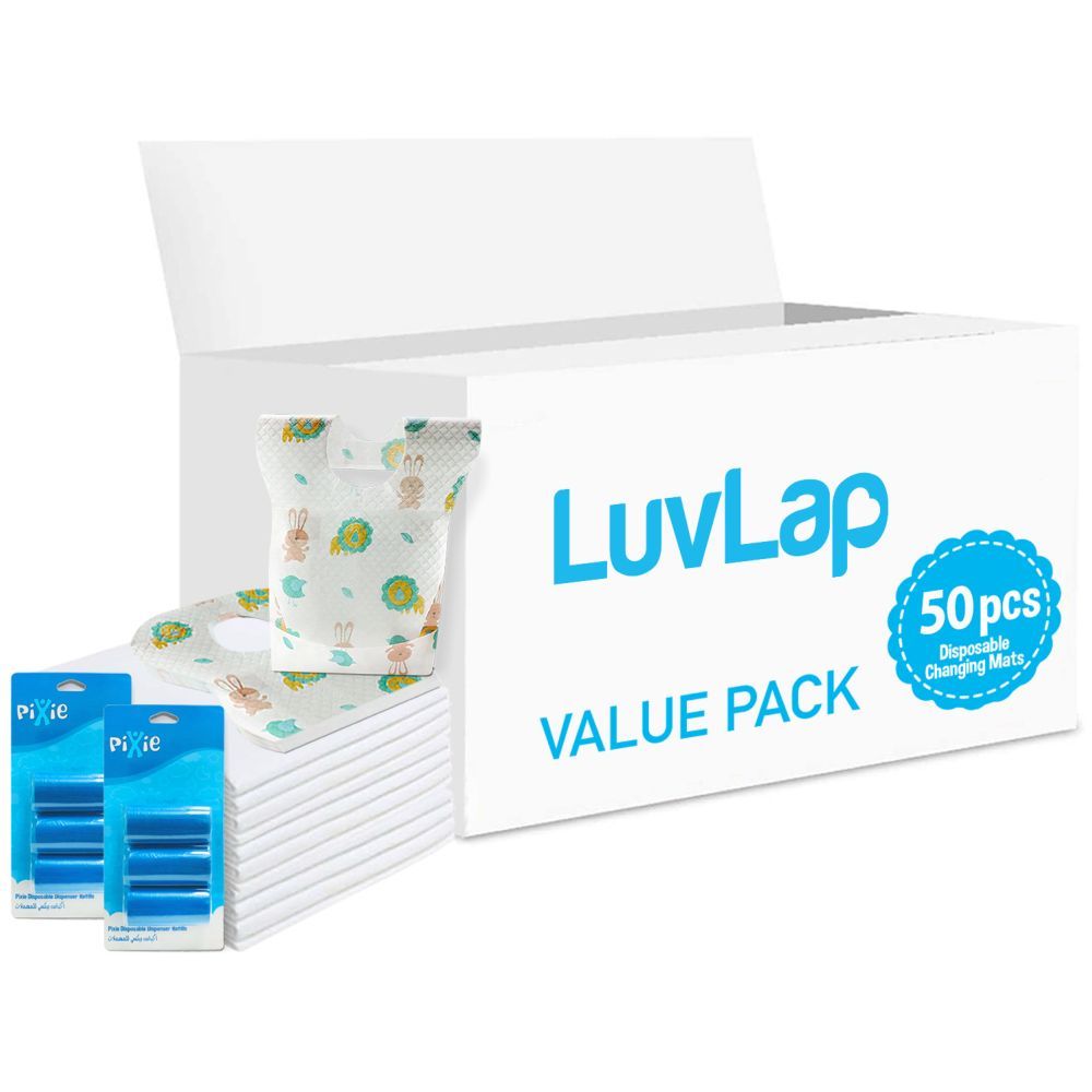 Luvlap - Changing Mats 50 + Pixie - Bib 50 + Pack Of 2 Refill Blue 120 Nappy Bags 