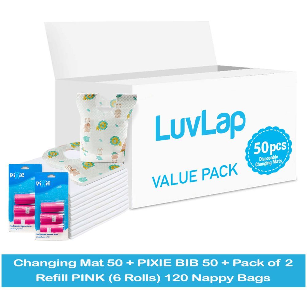 Luvlap - Changing Mats 50 + Pixie - Bib 50 + Pack Of 2 Refill Pink 120 Nappy Bags 