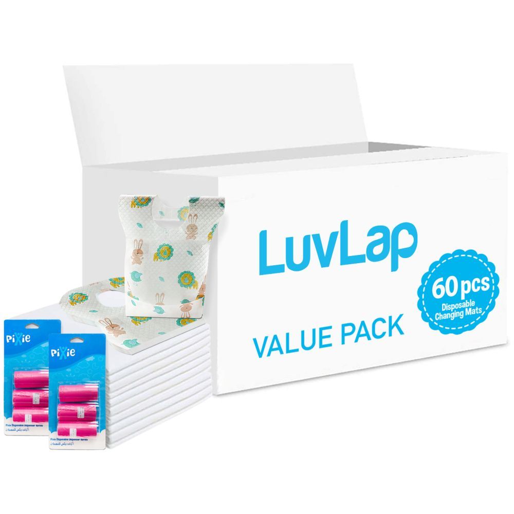 Luvlap - Changing Mats 60 + Pixie - Bib 60 + Pack Of 2 Refill Pink 120 Nappy Bags 