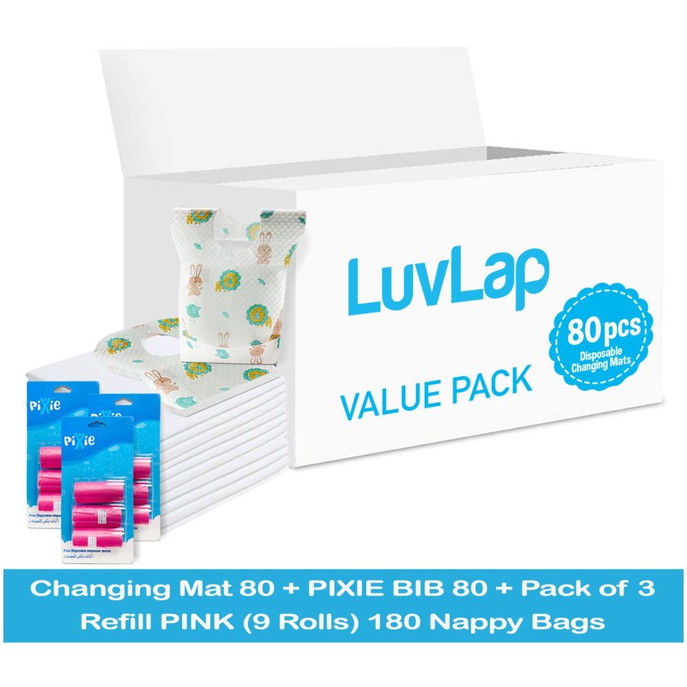 Luvlap - Changing Mats 80 + Pixie - Bib 80 + Pack Of 3 Refill Pink 180 Nappy Bags 