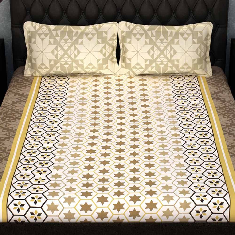 Story@Home 1 Double Bedsheet W/ 2 Pillow Cover, Yellow-Cream