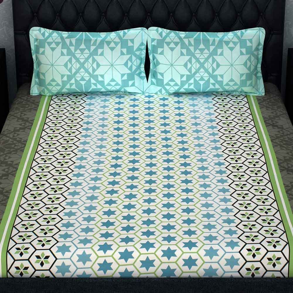 Story@Home - 1 Double Bedsheet W/ 2 Pillow Cover, Green/Blue