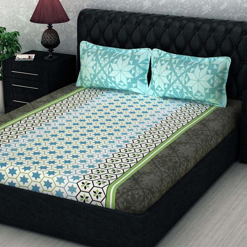 Story@Home - 1 Double Bedsheet W/ 2 Pillow Cover, Green/Blue