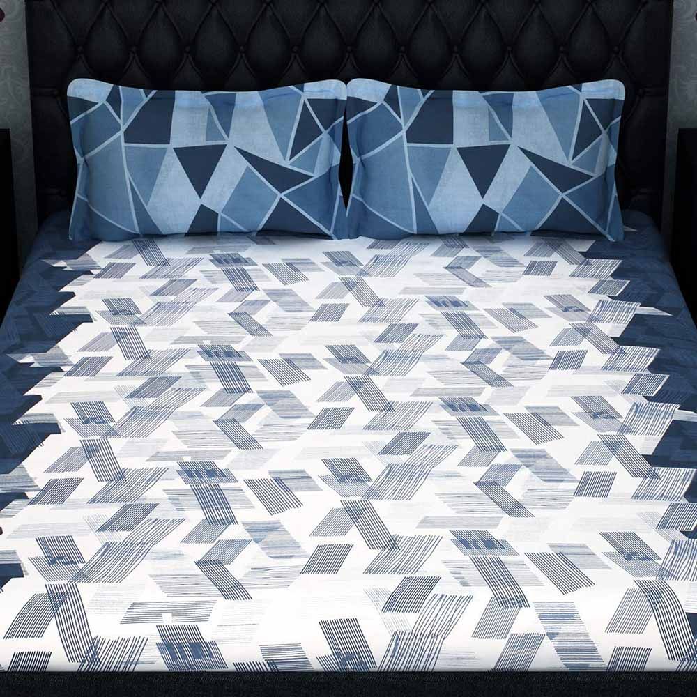 Story@Home 1 Double Bedsheet Wit 2 Pillow Cover, White/Blue