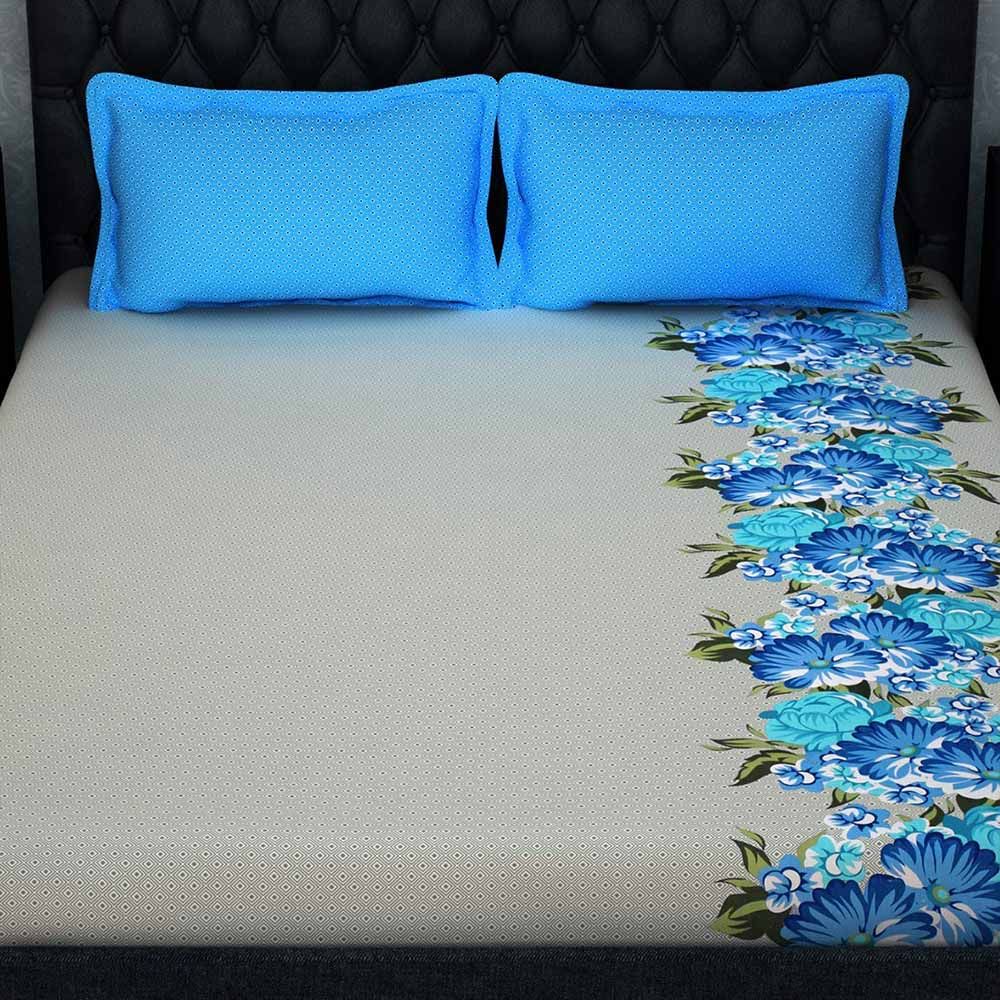 Story@Home - Double Bedsheet With 2 Pillow Cover, Blue/Grey