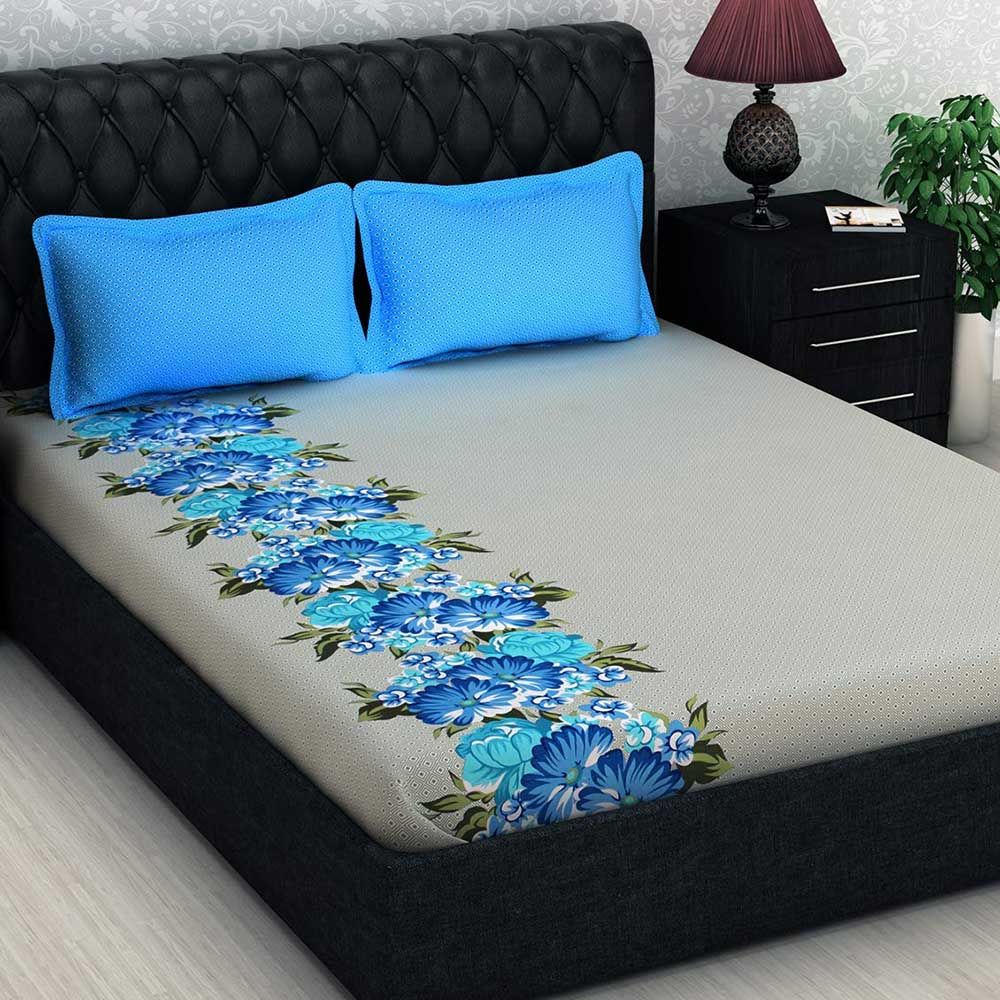 Story@Home - Double Bedsheet With 2 Pillow Cover, Blue/Grey