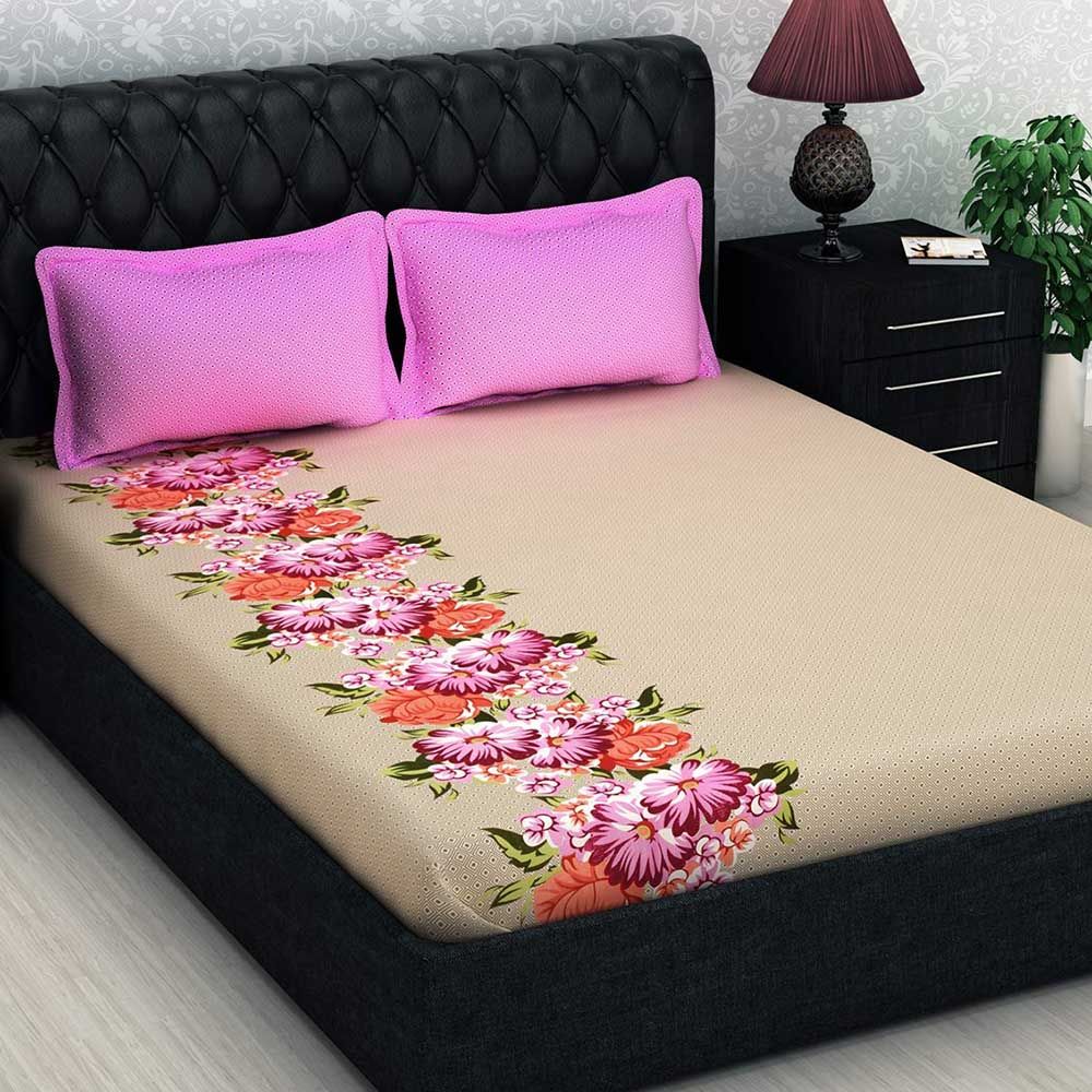 Story@Home - Double Bedsheet W/ 2 Pillow Cover, Pink/Brown