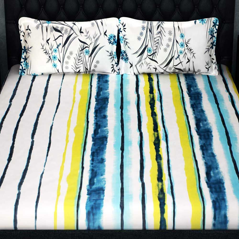 Story@Home - Double Bedsheet W/ 2 Pillow Cover, White/Aqua