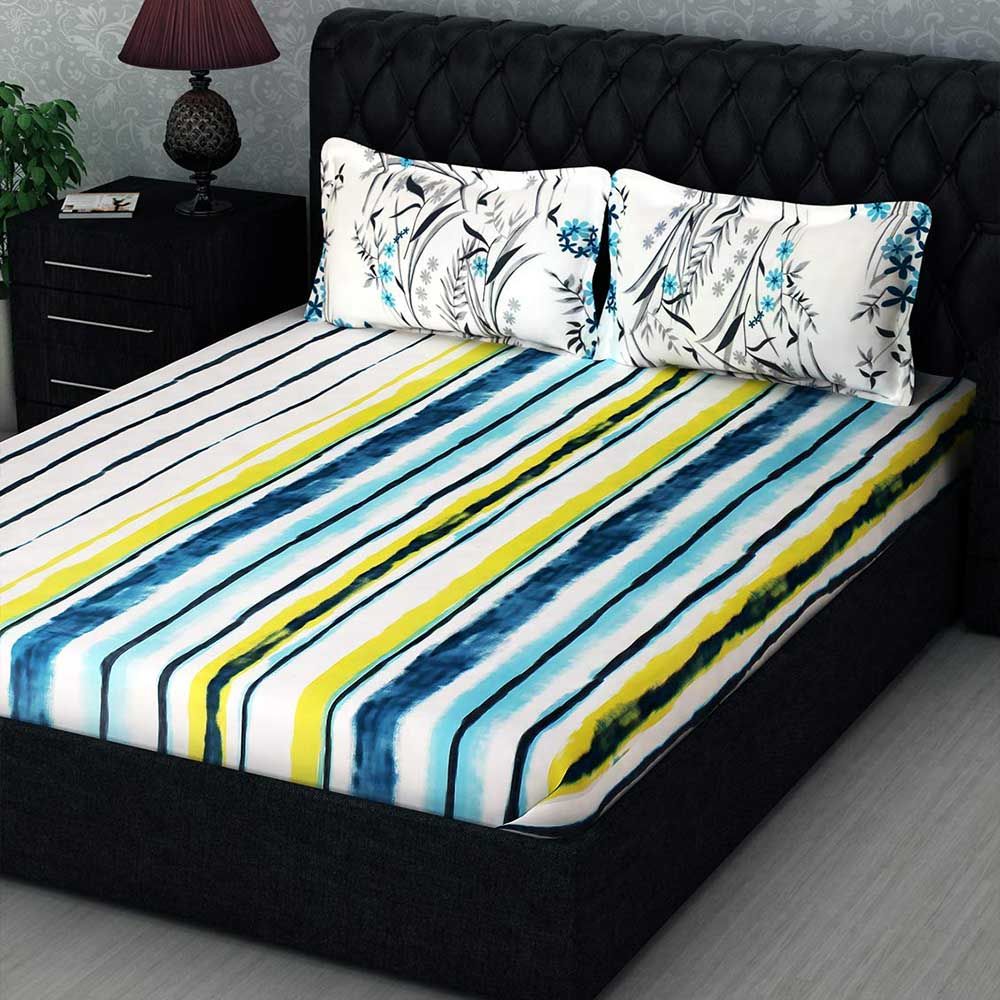 Story@Home - Double Bedsheet W/ 2 Pillow Cover, White/Aqua