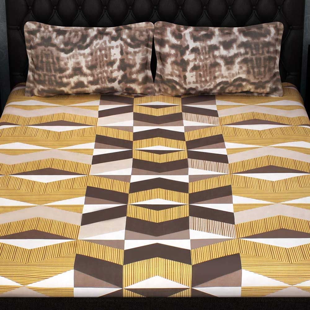 Story@Home - Double Bedsheet W/ 2 Pillow Cover, Yellow/Brown