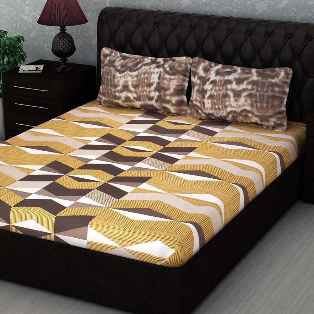 Story@Home - Double Bedsheet W/ 2 Pillow Cover, Yellow/Brown