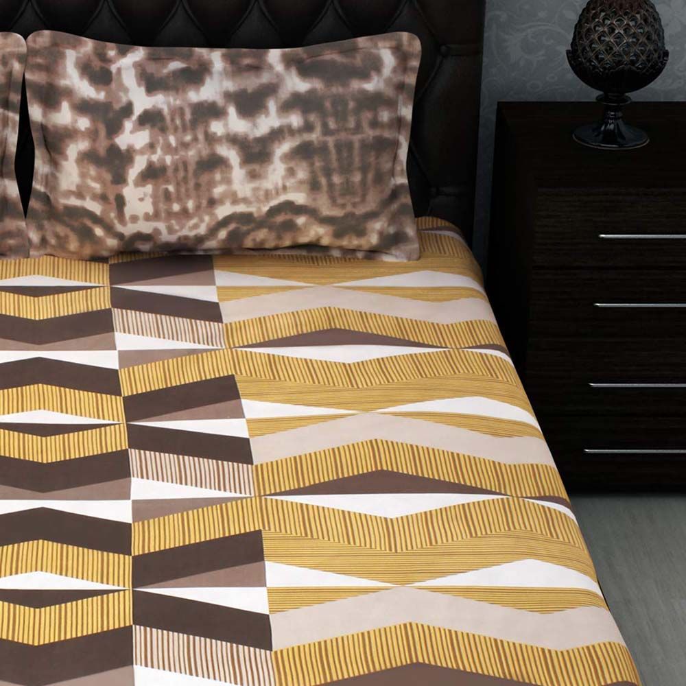 Story@Home - Double Bedsheet W/ 2 Pillow Cover, Yellow/Brown