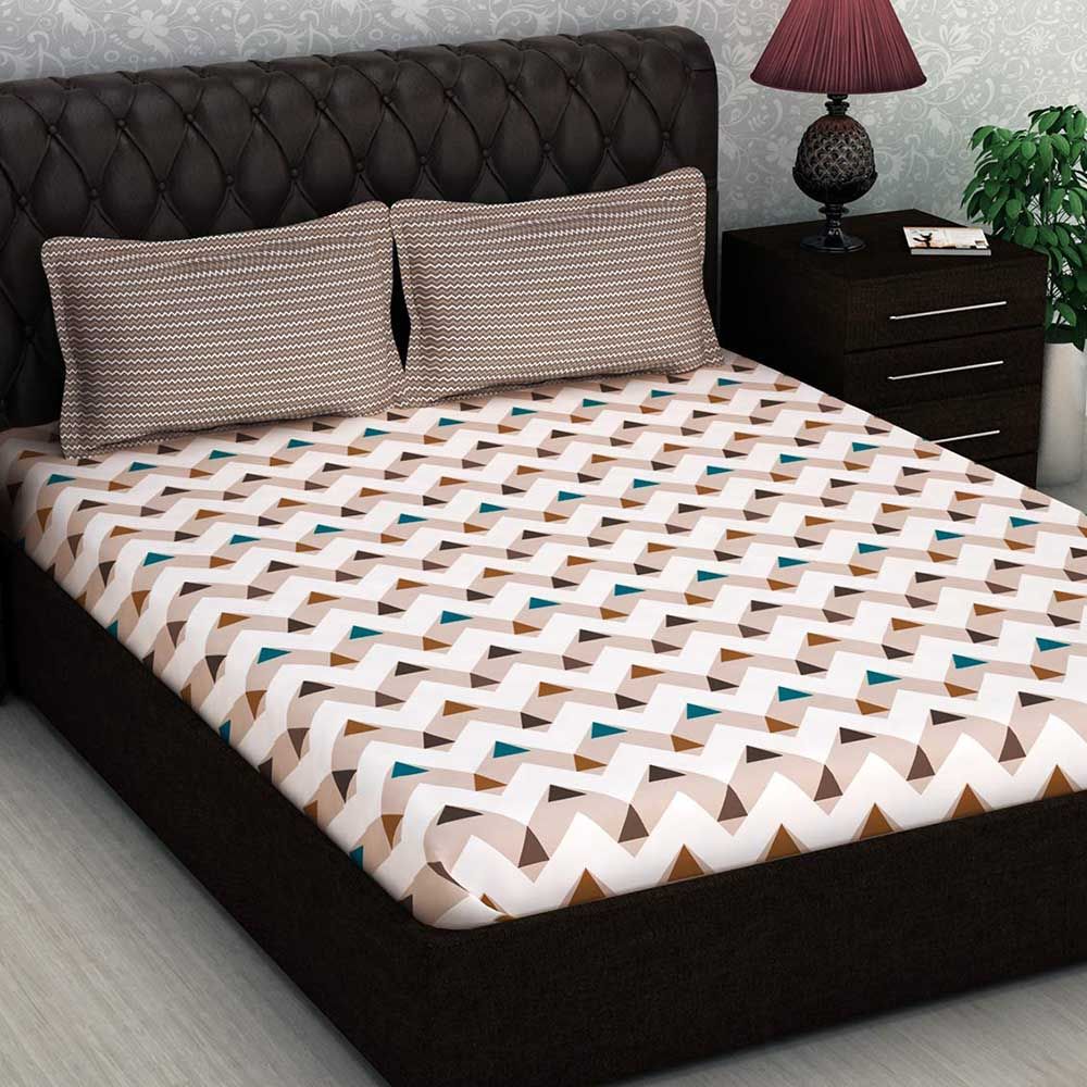 Story@Home - Double Bedsheet W/ 2 Pillow Cover, White/Brown