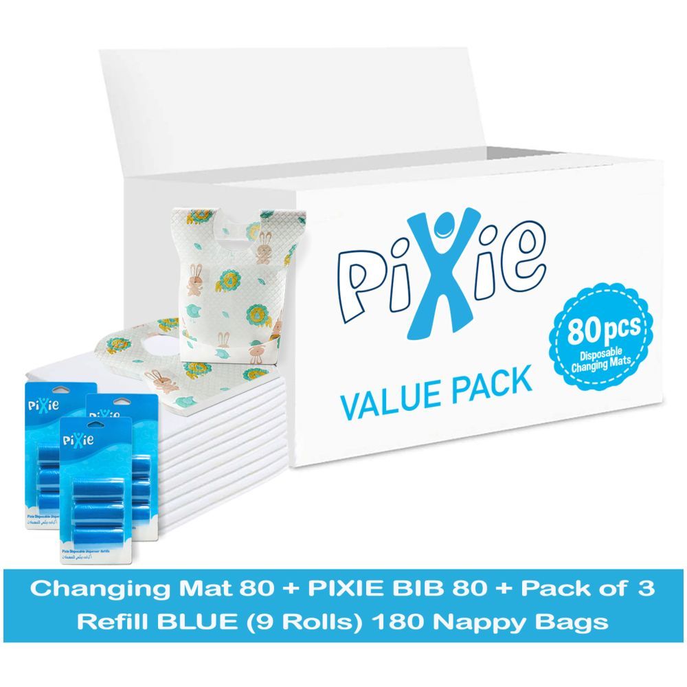 Pixie - Changing Mats 80 + Bib 80 + Pack Of 3 Refill Blue 180 Nappy Bags 