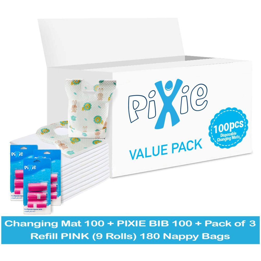 Pixie - Changing Mats 100 + Bib 100 + Pack Of 3 Refill Pink 180 Nappy Bags 