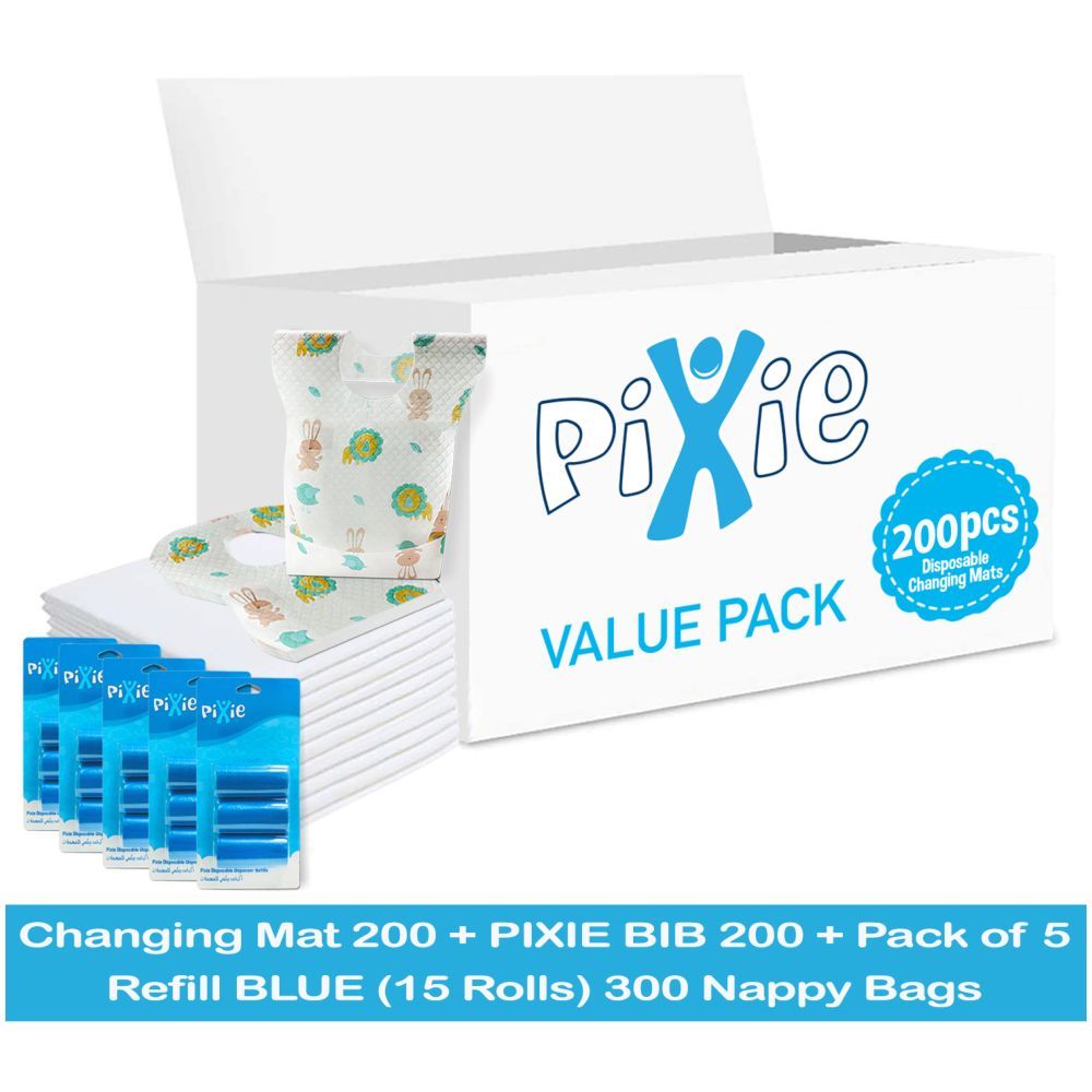 Pixie - Changing Mats 200 + Bib 200 + Pack Of 5 Refill Blue 300 Nappy Bags 