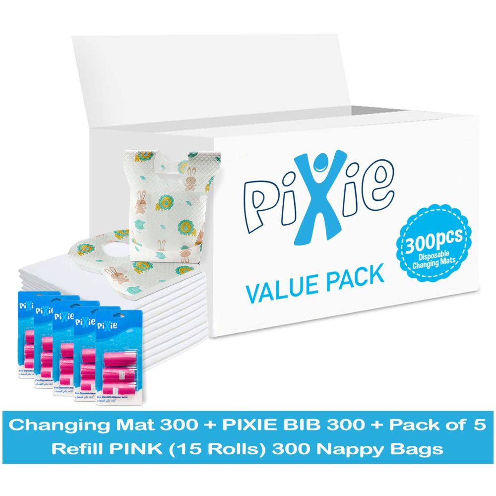 Pixie - Changing Mats 300 + Bib 300 + Pack Of 5 Refill Pink 300 Nappy Bags 