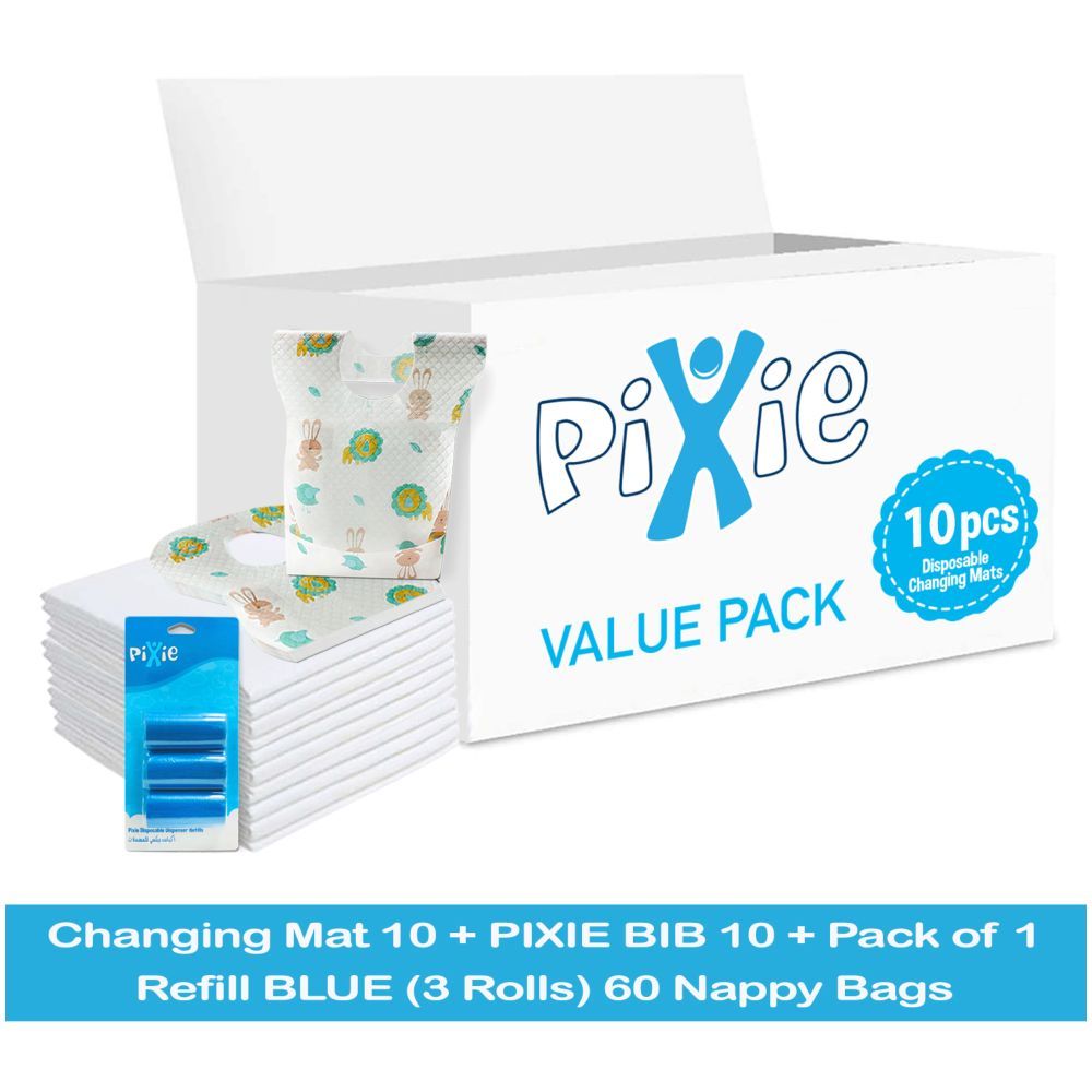 Pixie - Changing Mats 10 + Bib 10 + Pack Of 1 Refill Blue 60 Nappy Bags 