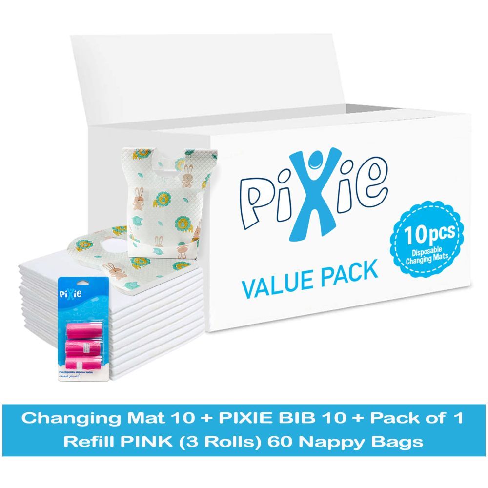 Pixie - Changing Mats 10 + Bib 10 + Pack Of 1 Refill Pink 60 Nappy Bags 