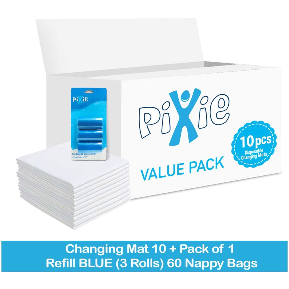 Pixie - Changing Mats 10 + Pack Of 1 Refill Blue 60 Nappy Bags