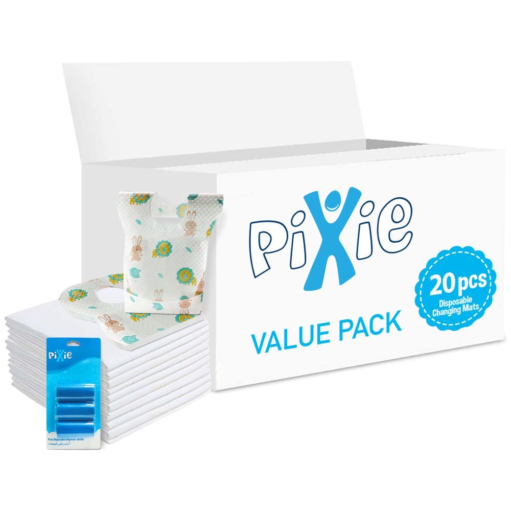 Pixie - Changing Mats 20 + Bib 20 + Pack Of 1 Refill Blue 60 Nappy Bags 