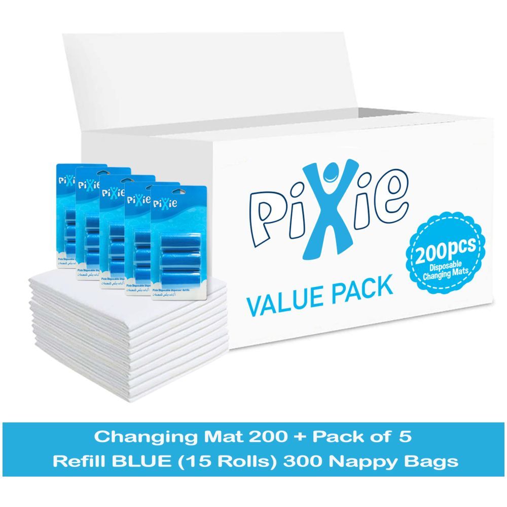 Pixie - Changing Mats 200 + Pack Of 5 Refill Blue 300 Nappy Bags