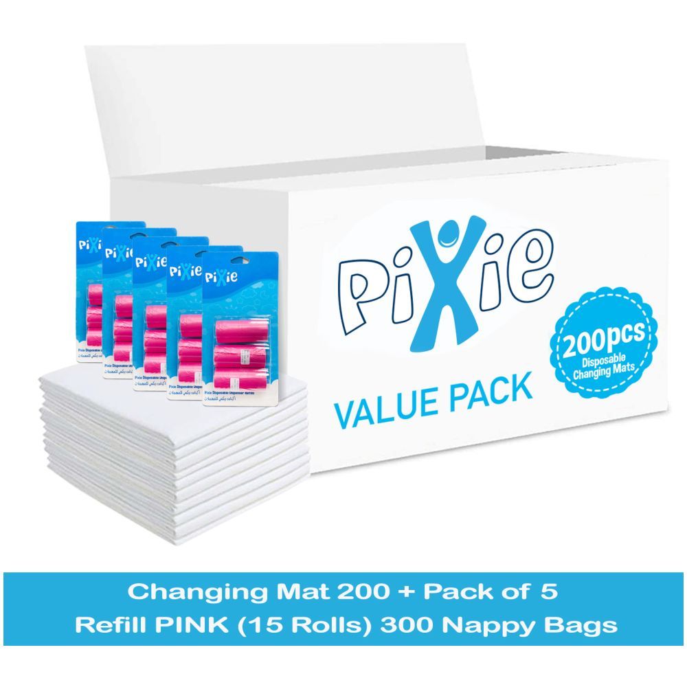 Pixie - Changing Mats 200 + Pack Of 5 Refill Pink 300 Nappy Bags