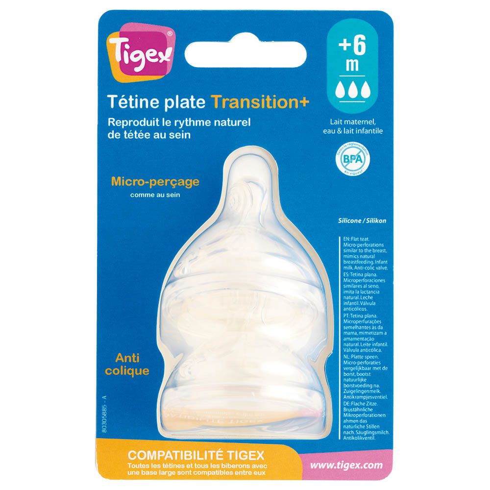 Tigex - Transition+ Wide Neck Silicone Teats 6m+ - Pack of 2 - Clear